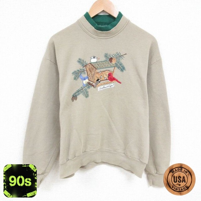 90s 長袖スウェット 刺繍 生成り L | 古着