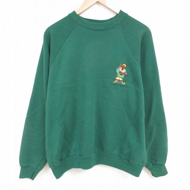 XL★古着 ヘインズ Hanes 長袖 スウェット メンズ 90年代 90s スペースジャム ルーニーテューンズ LOONEY TUNES タズ 大きいサイズ ラグラン クルーネック 緑 グリーン 25apr02 中古 スエット トレーナー トップス