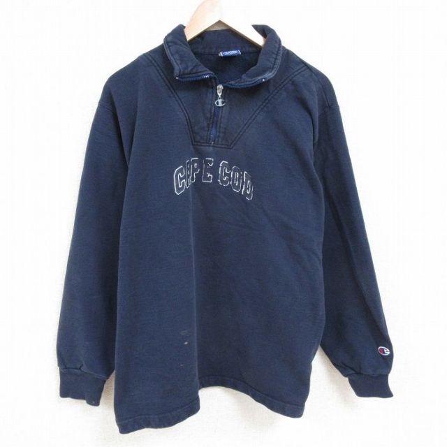 XL★古着 チャンピオン Champion 長袖 ハーフジップ スウェット メンズ 90年代 90s ケープコッド 大きいサイズ USA製 紺 ネイビー 25apr02 中古 スエット トレーナー トップス