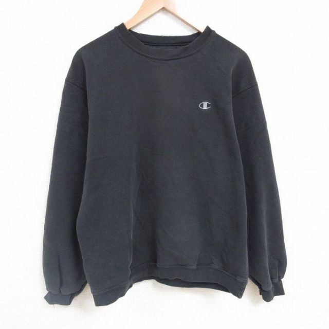 XL★古着 チャンピオン Champion 長袖 スウェット メンズ 00年代 00s ワンポイントロゴ クルーネック 黒 ブラック 25apr02 中古 スエット トレーナー トップス