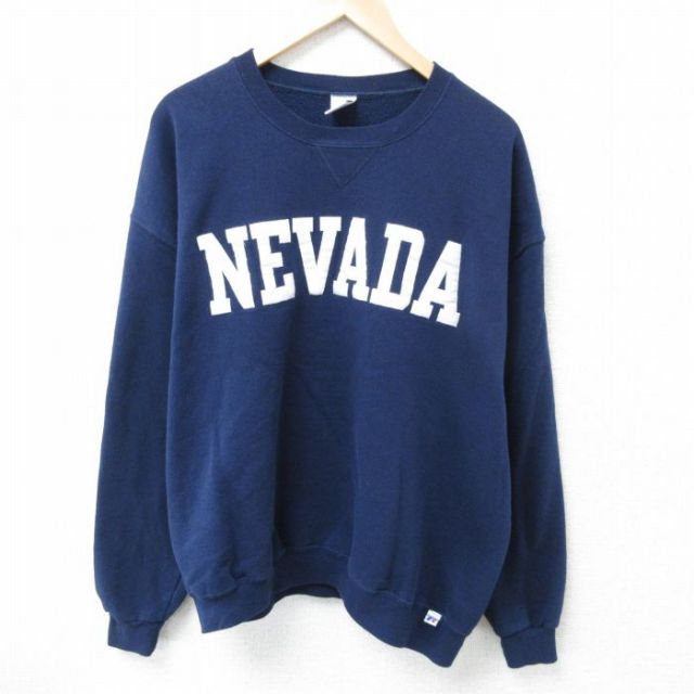 XL★古着 ラッセル 長袖 スウェット メンズ 00年代 00s ネバダ 刺繍 クルーネック 紺 ネイビー 25apr03 中古 スエット トレーナー トップス
