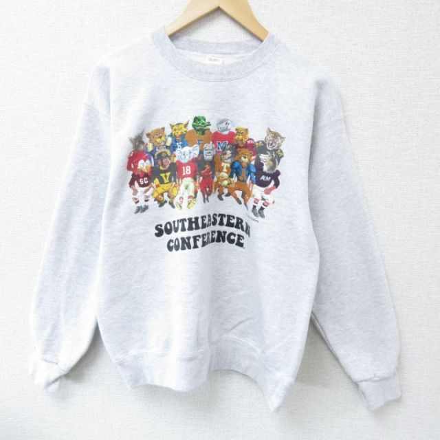 M★古着 ヘインズ Hanes 長袖 スウェット メンズ 動物 フットボール クルーネック 薄グレー 霜降り 25apr03 中古 スエット トレーナー トップス