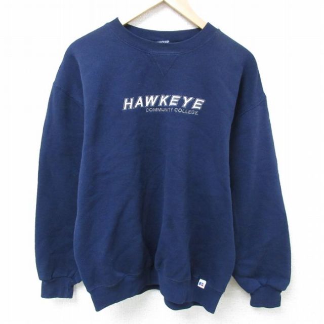 【50%OFF】L★古着 ラッセル 長袖 スウェット メンズ 00年代 00s ハークアイ コミュニティ 大学 刺繍 クルーネック 紺 ネイビー 25apr03 中古 スエット トレーナー トップス