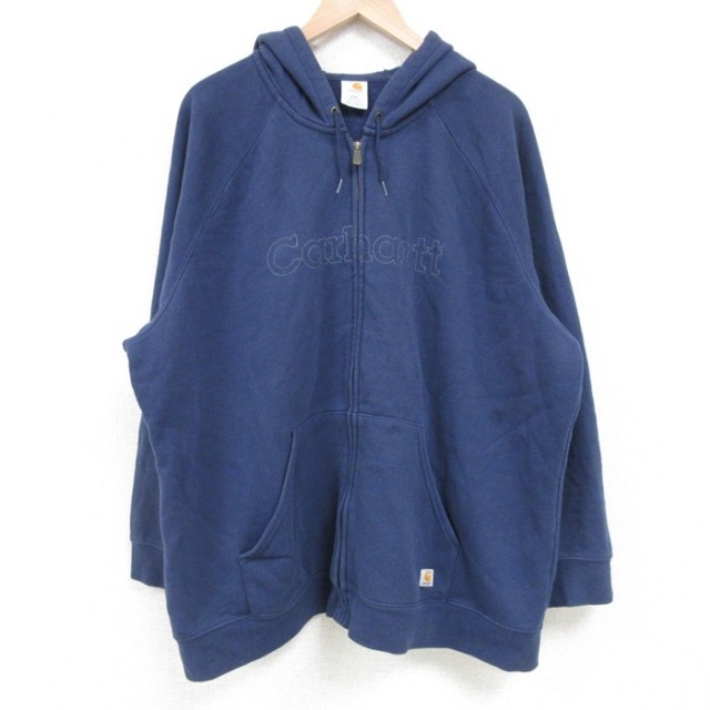 XL★古着 カーハート Carhartt 長袖 フルジップ スウェット パーカー メンズ ビッグロゴ 刺繍 大きいサイズ ラグラン 紺 ネイビー 【spe】 25apr04 中古 スエット トレーナー トップス