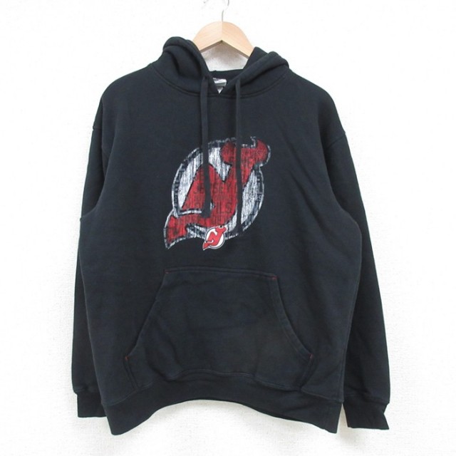 M★古着 長袖 スウェット パーカー メンズ NHL ニュージャージーデビルス 黒 ブラック アイスホッケー 25apr04 中古 スエット トレーナー トップス