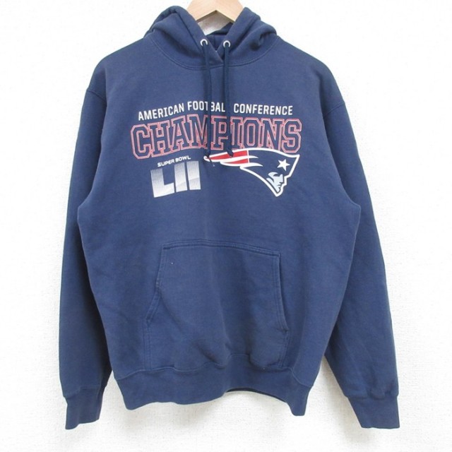 M★古着 長袖 スウェット パーカー メンズ 00年代 00s NFL ニューイングランドペイトリオッツ 紺 ネイビー アメフト スーパーボウル 25apr04 中古 スエット トレーナー トップス