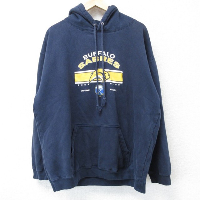 【50%OFF】L★古着 長袖 スウェット パーカー メンズ 00年代 00s NHL バッファローセイバーズ 紺 ネイビー アイスホッケー 25apr04 中古 スエット トレーナー トップス