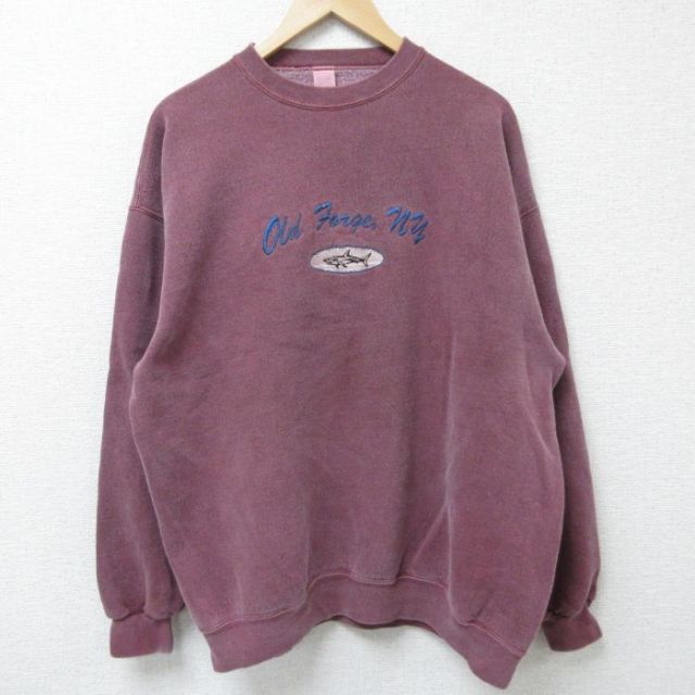 【50%OFF】XL★古着 長袖 スウェット メンズ 00年代 00s 魚 刺繍 クルーネック エンジ 霜降り 25apr05 中古 スエット トレーナー トップス