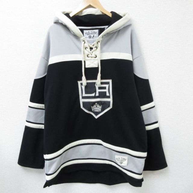XL★古着 長袖 スウェット パーカー メンズ NHL ロサンゼルスキングス マルチカラー 大きいサイズ ロング丈 黒 ブラック フード内側サーマル他 アイスホッケー 25apr05 中古 スエット トレーナー トップス
