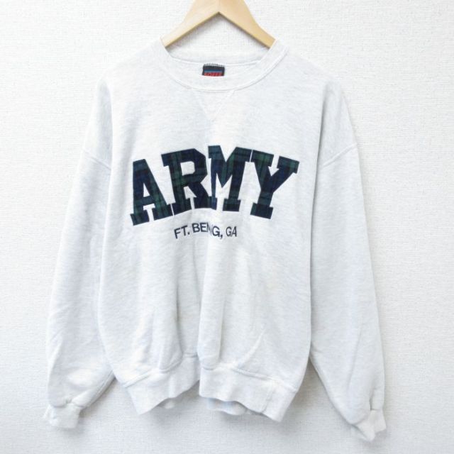 XL★古着 長袖 スウェット メンズ 90年代 90s ミリタリー アーミー ARMY 刺繍 クルーネック USA製 薄グレー 霜降り 25apr07 中古 スエット トレーナー トップス
