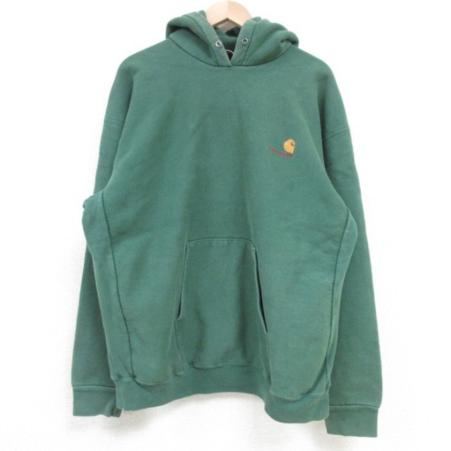 L★古着 カーハート Carhartt 長袖 スウェット パーカー メンズ 90年代 90s ワンポイントロゴ 緑 グリーン 【spe】 25apr08 中古 スエット トレーナー トップス