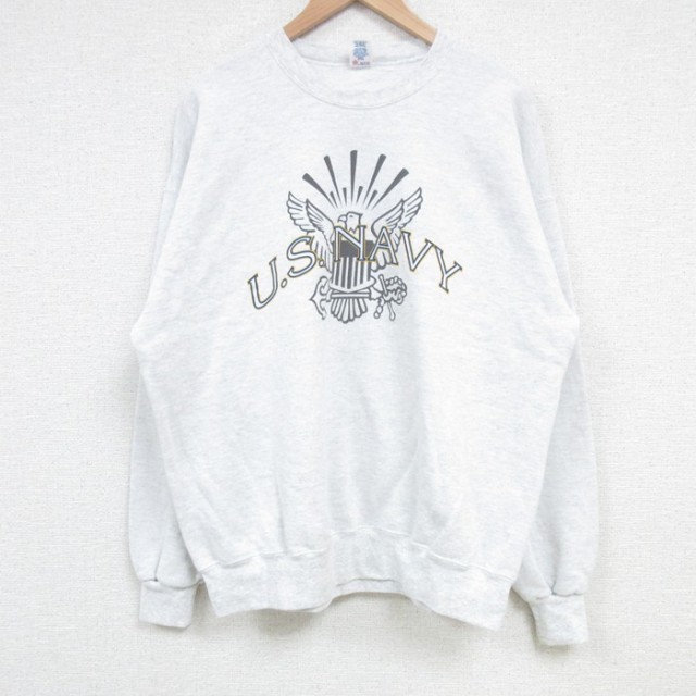 XL★古着 長袖 スウェット メンズ 90年代 90s ミリタリー ネイビー NAVY リフレクター クルーネック USA製 薄グレー 霜降り 25apr08 中古 スエット トレーナー トップス