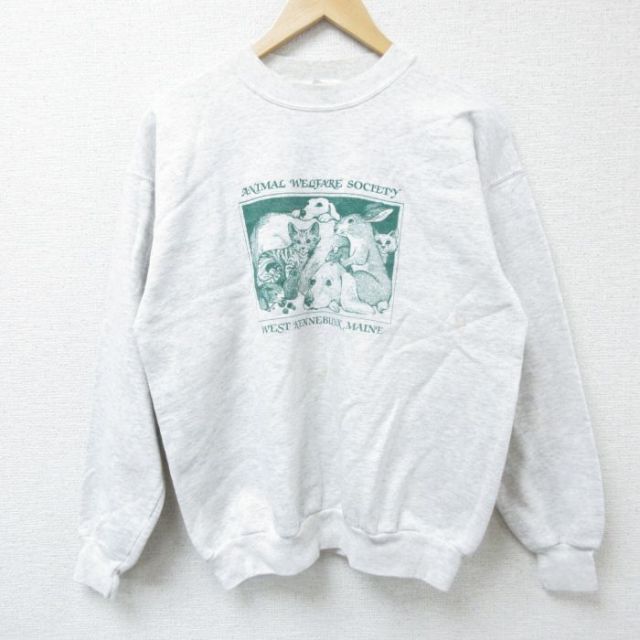 M★古着 ヘインズ Hanes 長袖 スウェット メンズ 00年代 00s 動物 クルーネック 薄グレー 霜降り 25apr08 中古 スエット トレーナー トップス