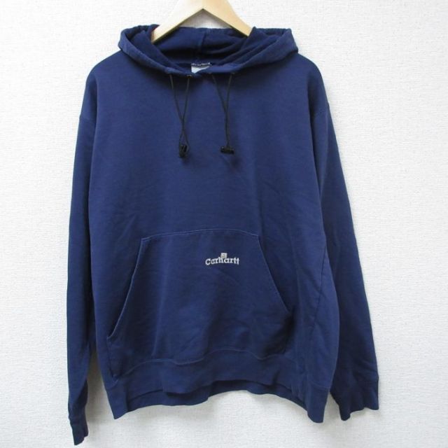 XL★古着 カーハート Carhartt 長袖 スウェット パーカー メンズ ワンポイントロゴ 紺 ネイビー 25apr08 中古 スエット トレーナー トップス