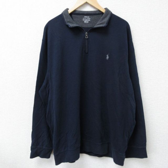 XL★古着 ラルフローレン Ralph Lauren 長袖 ブランド ハーフジップ スウェット メンズ ワンポイントロゴ 大きいサイズ 紺 ネイビー 25apr08 中古 スエット トレーナー トップス