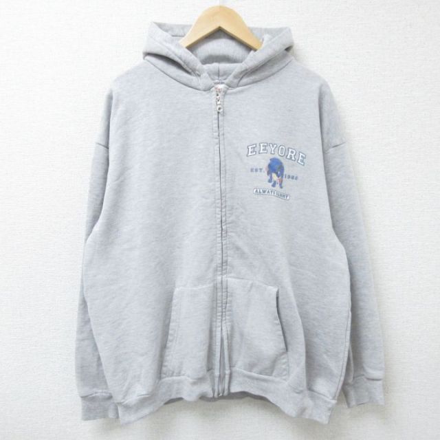 XL★古着 長袖 フルジップ スウェット パーカー メンズ 90年代 90s ディズニー DISNEY くまのプーさん イーヨー 大きいサイズ USA製 グレー 霜降り 【spe】 25apr08 中古 スエット トレーナー トップス