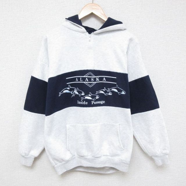 XL★古着 長袖 ハーフジップ スウェット パーカー メンズ 00年代 00s アラスカ シャチ 薄グレー 霜降り 25apr08 中古 スエット トレーナー トップス