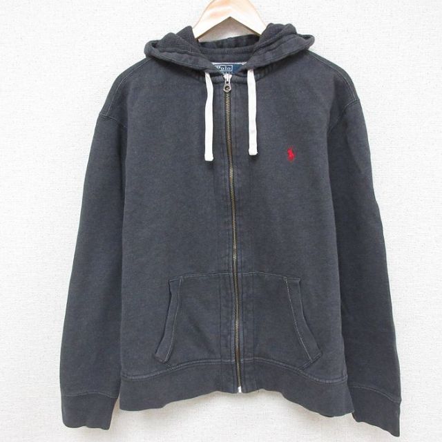 XL★古着 ラルフローレン Ralph Lauren 長袖 ブランド フルジップ スウェット パーカー メンズ 90年代 90s ワンポイントロゴ 大きいサイズ グレー 霜降り フード内側サーマル 【spe】 25apr08 中古 スエット トレーナー トップス