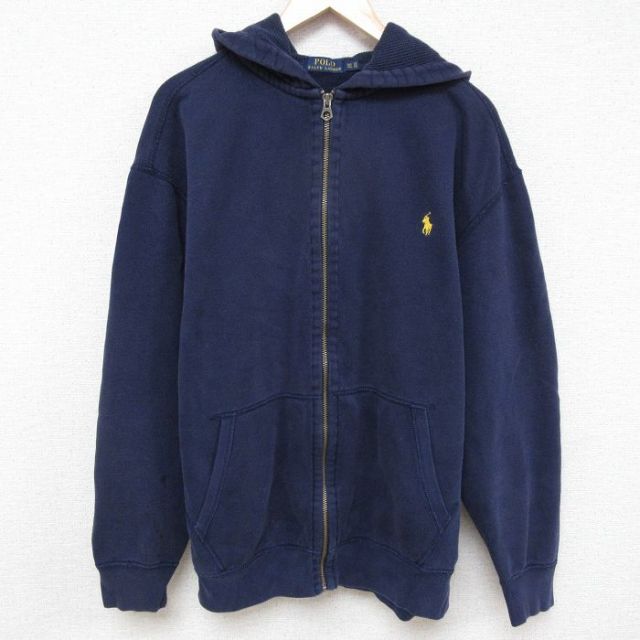 XL★古着 ラルフローレン Ralph Lauren 長袖 ブランド フルジップ スウェット パーカー メンズ ワンポイントロゴ 大きいサイズ 紺 ネイビー フード内側サーマル 25apr08 中古 スエット トレーナー トップス
