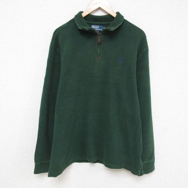 XL★古着 ラルフローレン Ralph Lauren 長袖 ブランド ハーフジップ トップス パーカー メンズ 90年代 90s ワンポイントロゴ コットン クルーネック 緑 グリーン 25apr08 中古 スエット トレーナー
