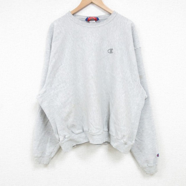 XL★古着 チャンピオン Champion 長袖 スウェット メンズ ワンポイントロゴ 大きいサイズ クルーネック グレー 霜降り 25apr09 中古 スエット トレーナー トップス