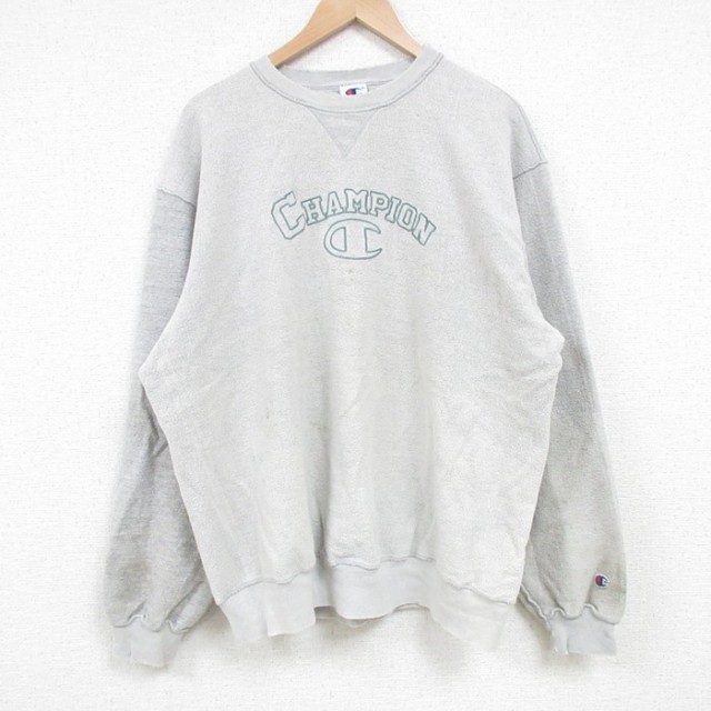 XL★古着 チャンピオン Champion 長袖 トップス メンズ 90年代 90s ビッグロゴ 刺繍 表起毛 クルーネック グレー 霜降り 【spe】 25apr09 中古 スエット トレーナー