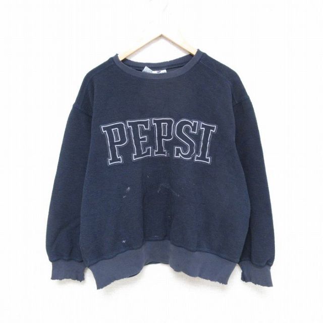 L★古着 長袖 スウェット メンズ 00年代 00s ペプシ PEPSI 表起毛 刺繍 ボロ クルーネック 紺 ネイビー 【spe】 25apr09 中古 スエット トレーナー トップス