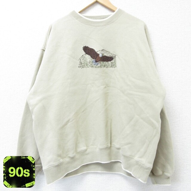 90s 長袖スウェット 鳥刺繍 ベージュ XL | 古着