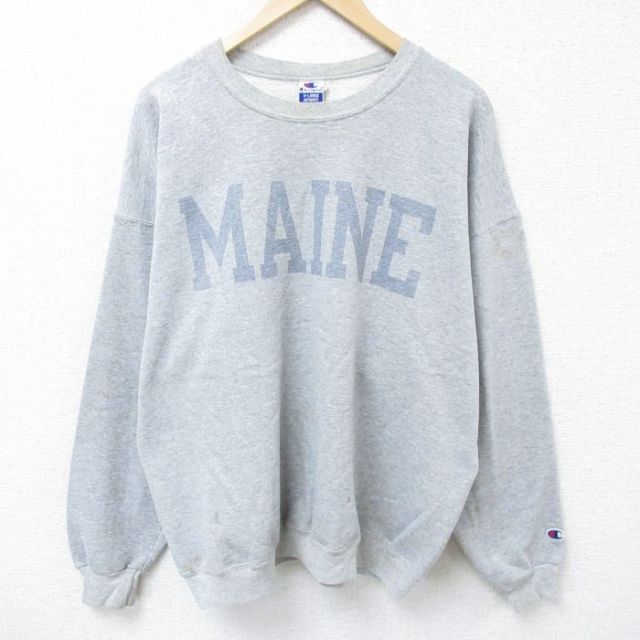 XL★古着 チャンピオン Champion 長袖 スウェット メンズ 90年代 90s MAINE 大きいサイズ クルーネック グレー 霜降り 【spe】 25apr10 中古 スエット トレーナー トップス