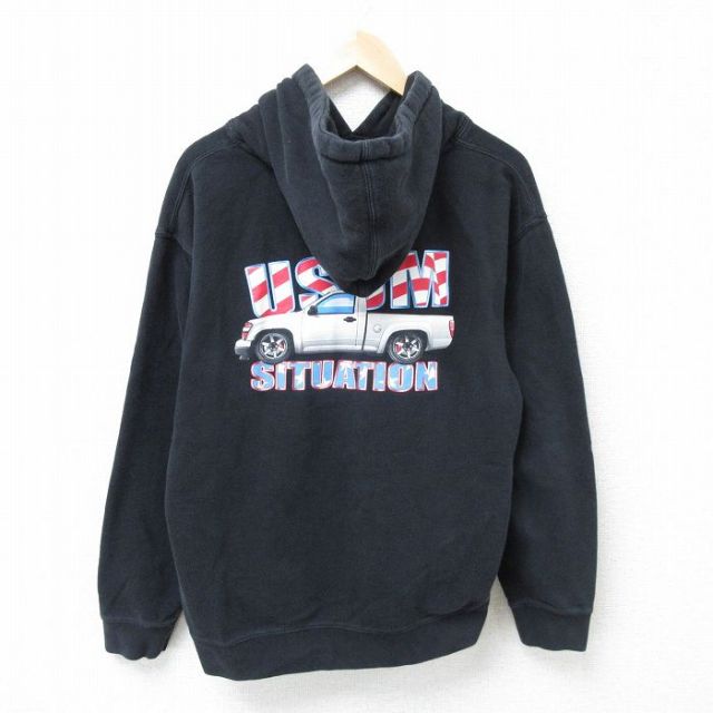 L★古着 長袖 スウェット パーカー メンズ 車 黒 ブラック 25apr12 中古 スエット トレーナー トップス