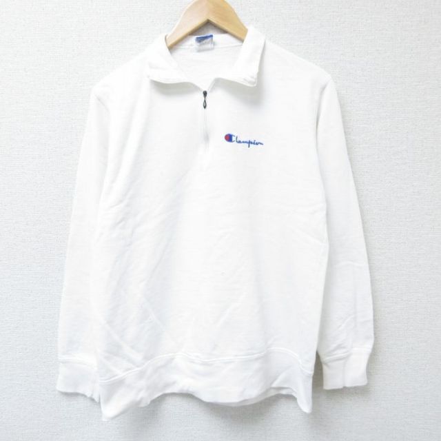 M★古着 チャンピオン Champion 長袖 ハーフジップ スウェット メンズ 90年代 90s ワンポイントロゴ USA製 白 ホワイト 25apr12 中古 スエット トレーナー トップス