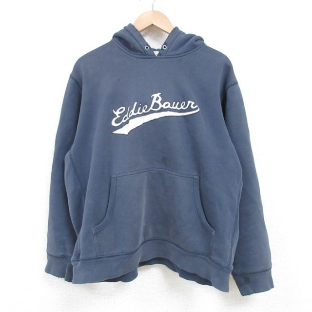 【50%OFF】L★古着 エディーバウアー Eddie Bauer 長袖 スウェット パーカー メンズ ビッグロゴ 紺 ネイビー 25apr11 中古 スエット トレーナー トップス