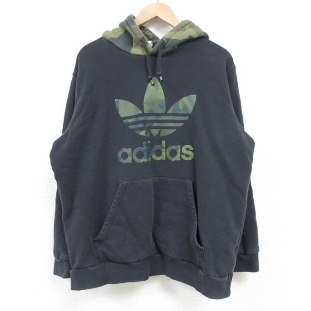 L★古着 アディダス adidas 長袖 スウェット パーカー メンズ ビッグロゴ 黒 ブラック 迷彩 25apr11 中古 スエット トレーナー トップス