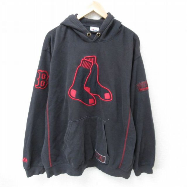 【50%OFF】XL★古着 マジェスティック 長袖 スウェット パーカー メンズ 00年代 00s MLB ボストンレッドソックス 刺繍 大きいサイズ 黒 ブラック メジャーリーグ ベースボール 野球 25apr11 中古 スエット トレーナー トップス