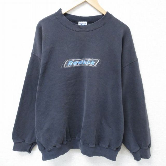 【50%OFF】XL★古着 リーボック REEBOK 長袖 スウェット メンズ 90年代 90s ビッグロゴ 刺繍 ボロ 大きいサイズ クルーネック USA製 黒 ブラック 25apr11 中古 スエット トレーナー トップス