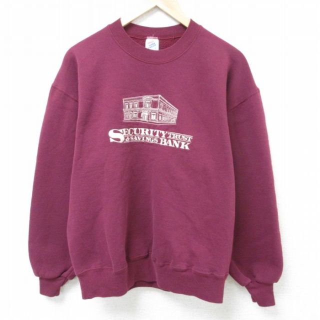 L★古着 ジャージーズ 長袖 スウェット メンズ 90年代 90s セキュリティ 刺繍 クルーネック USA製 エンジ 25apr11 中古 スエット トレーナー トップス
