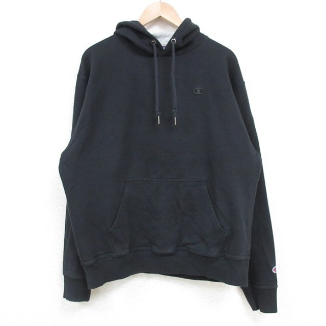 L★古着 チャンピオン Champion 長袖 スウェット パーカー メンズ ワンポイントロゴ 黒 ブラック 25apr14 中古 スエット トレーナー トップス