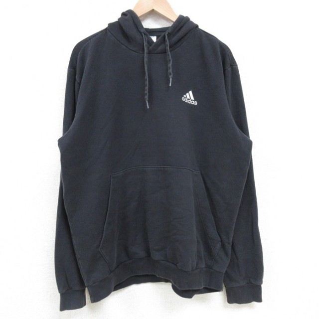 L★古着 アディダス adidas 長袖 スウェット パーカー メンズ ワンポイントロゴ 黒 ブラック 25apr14 中古 スエット トレーナー トップス