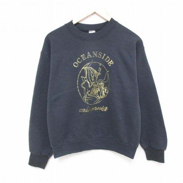 M★古着 フルーツオブザルーム 長袖 スウェット メンズ 90年代 90s 魚 クルーネック USA製 黒 ブラック 25apr14 中古 スエット トレーナー トップス