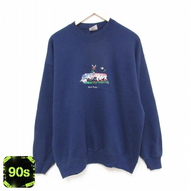 ヘインズ 90s 長袖スウェット ラグビー刺繍 ネイビー XL | 古着