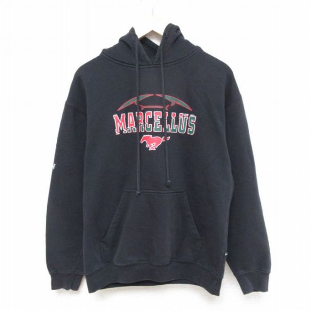【50%OFF】L★古着 長袖 スウェット パーカー メンズ 馬 黒 ブラック 25apr14 中古 スエット トレーナー トップス