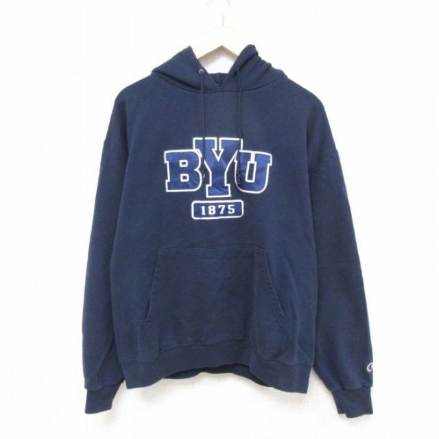 【50%OFF】L★古着 チャンピオン Champion 長袖 スウェット パーカー メンズ 00年代 00s BYU 紺 ネイビー 25apr14 中古 スエット トレーナー トップス