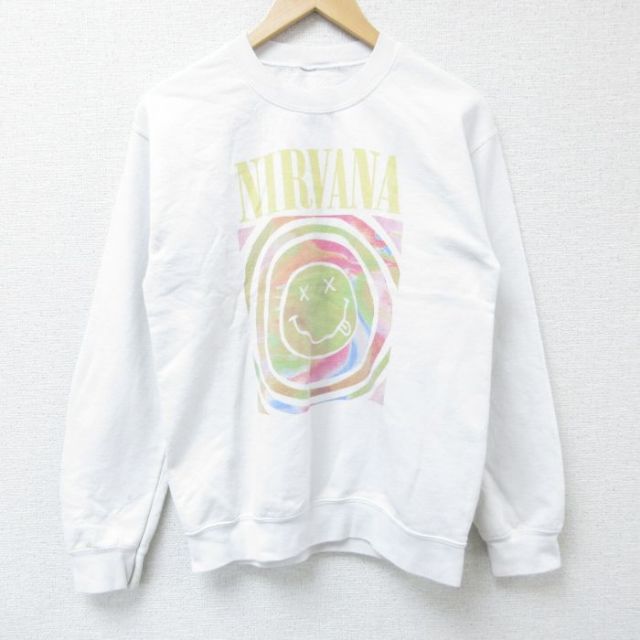 【50%OFF】S★古着 長袖 ロック バンド スウェット メンズ ニルバーナ クルーネック 白 ホワイト 25apr15 中古 スエット トレーナー トップス