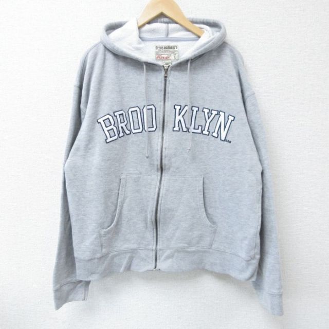XL★古着 STEAVE＆BARRYS 長袖 フルジップ スウェット パーカー メンズ ブルックリン 刺繍 グレー 霜降り 25apr15 中古 スエット トレーナー トップス