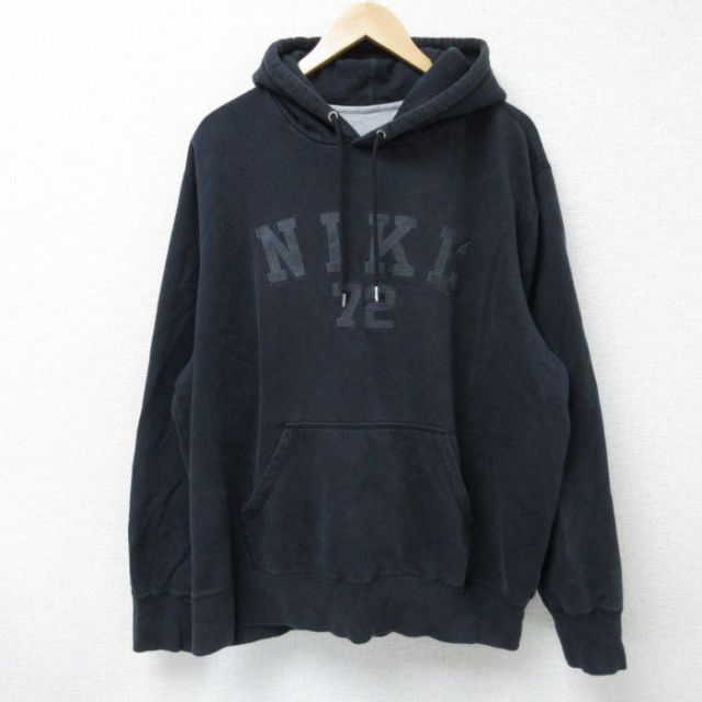 【20%OFF】XL★古着 ナイキ NIKE 長袖 スウェット パーカー メンズ ビッグロゴ 刺繍 大きいサイズ 黒 ブラック 25apr15 中古 スエット トレーナー トップス