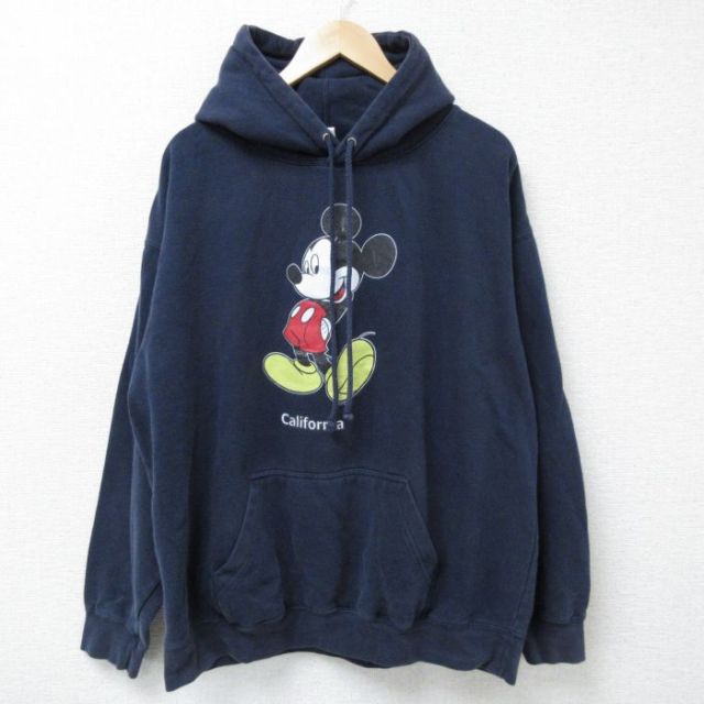 XL★古着 長袖 スウェット パーカー メンズ ディズニー DISNEY ミッキー MICKEY MOUSE 大きいサイズ 紺 ネイビー 25apr15 中古 スエット トレーナー トップス
