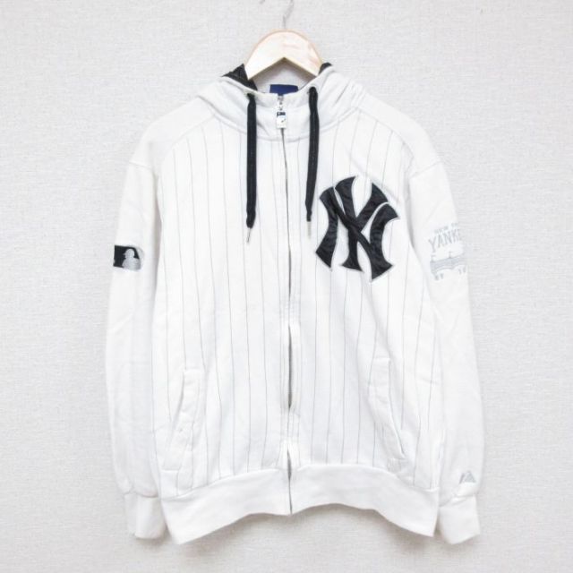 【20%OFF】L★古着 マジェスティック 長袖 スウェット パーカー メンズ 00年代 00s MLB ニューヨークヤンキース 白 ホワイト ストライプ メジャーリーグ ベースボール 野球 25apr15 中古 スエット トレーナー トップス