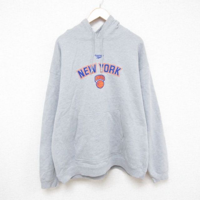XL★古着 リーボック REEBOK 長袖 スウェット パーカー メンズ 00年代 00s NBA ニューヨークニックス 刺繍 大きいサイズ グレー 霜降り バスケットボール 25apr15 中古 スエット トレーナー トップス