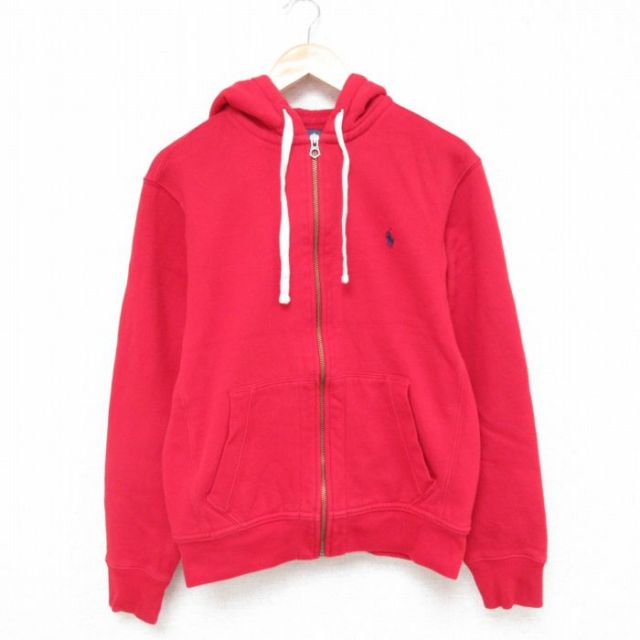 M★古着 ラルフローレン Ralph Lauren 長袖 ブランド フルジップ スウェット パーカー メンズ 90年代 90s ワンポイントロゴ 赤 レッド フード内側サーマル 25apr15 中古 スエット トレーナー トップス