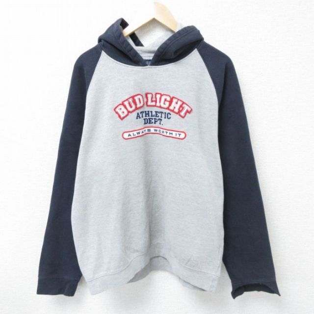 【50%OFF】XL★古着 長袖 スウェット パーカー メンズ バドライト ツートンカラー 刺繍 ラグラン グレー 霜降り 25apr16 中古 スエット トレーナー トップス